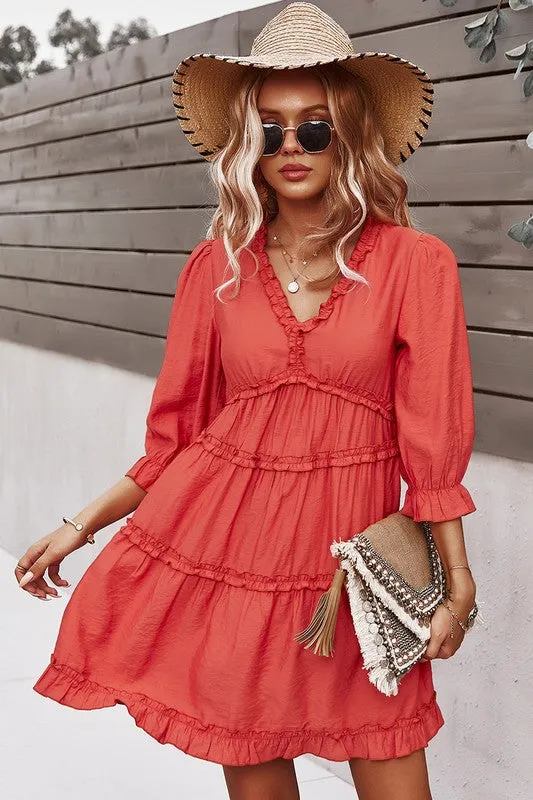 V Neck Solid Ruffle Loose Fit Dress