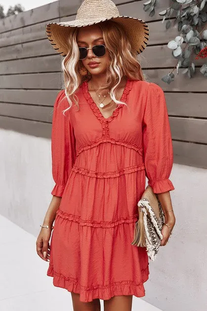 V Neck Solid Ruffle Loose Fit Dress