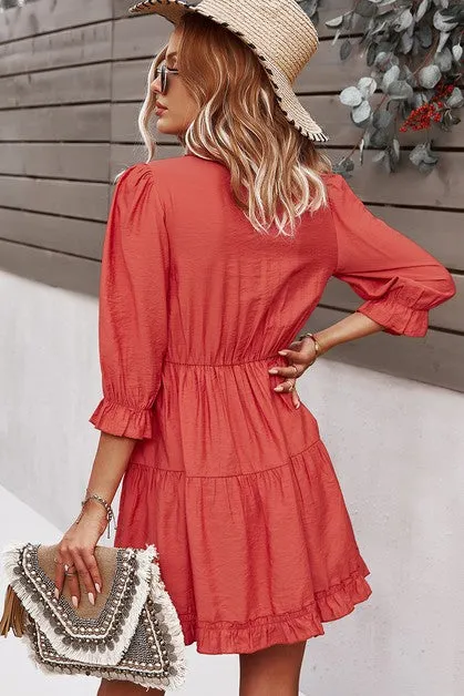 V Neck Solid Ruffle Loose Fit Dress