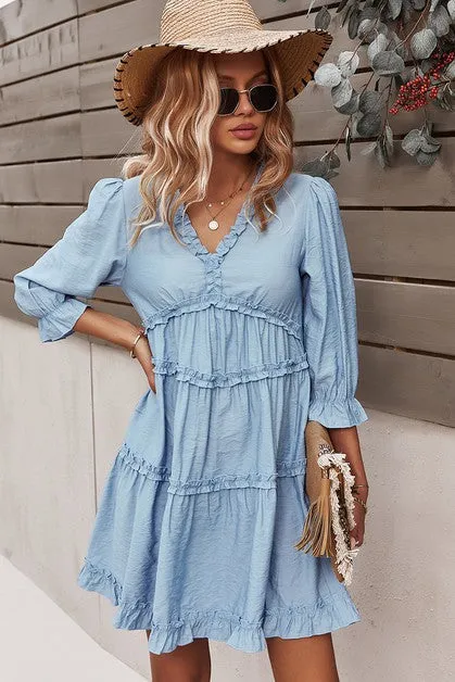 V Neck Solid Ruffle Loose Fit Dress