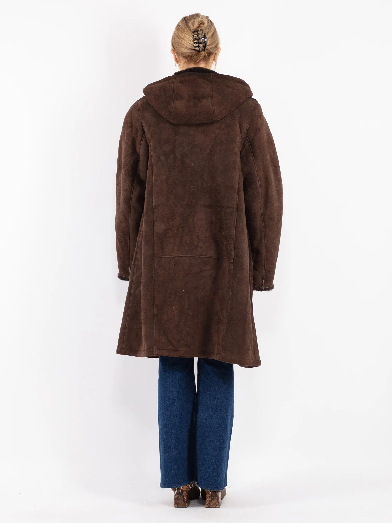 Vintage 70's Women Hooded Sheepskin Coat in Brown