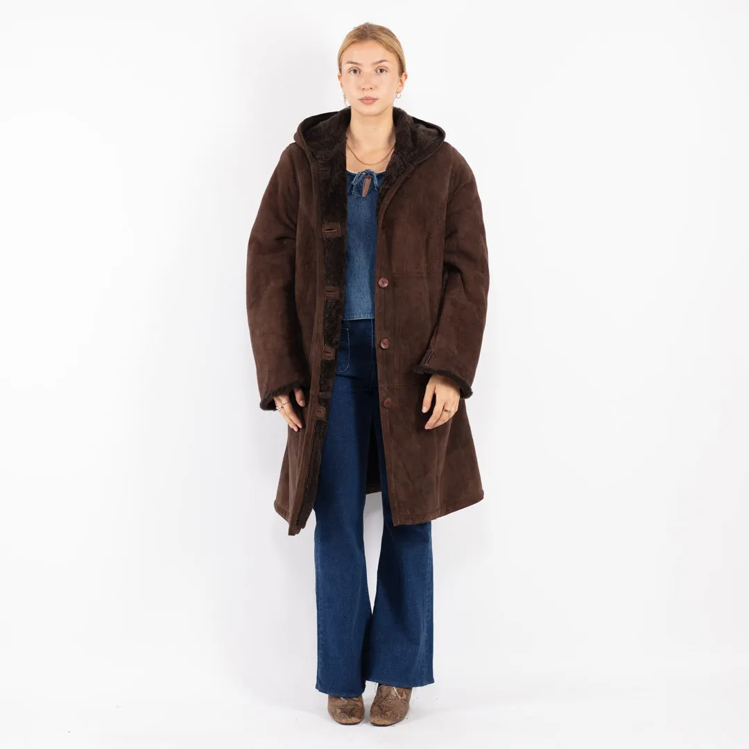 Vintage 70's Women Hooded Sheepskin Coat in Brown