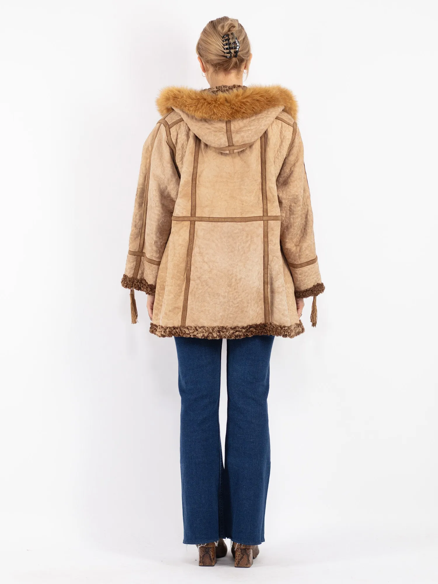 Vintage 80's Women Hooded Penny Lane Sheepskin Coat in Beige