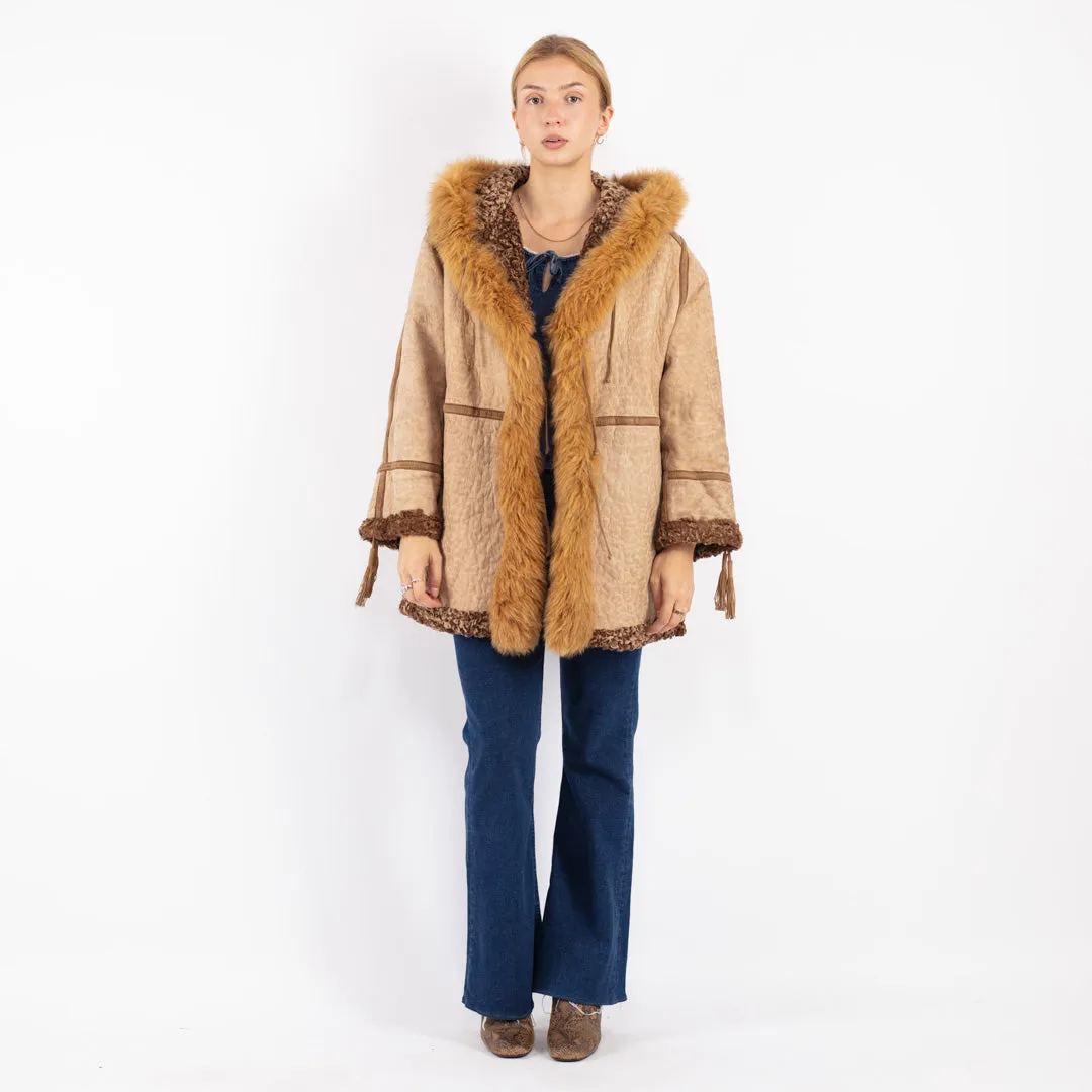 Vintage 80's Women Hooded Penny Lane Sheepskin Coat in Beige