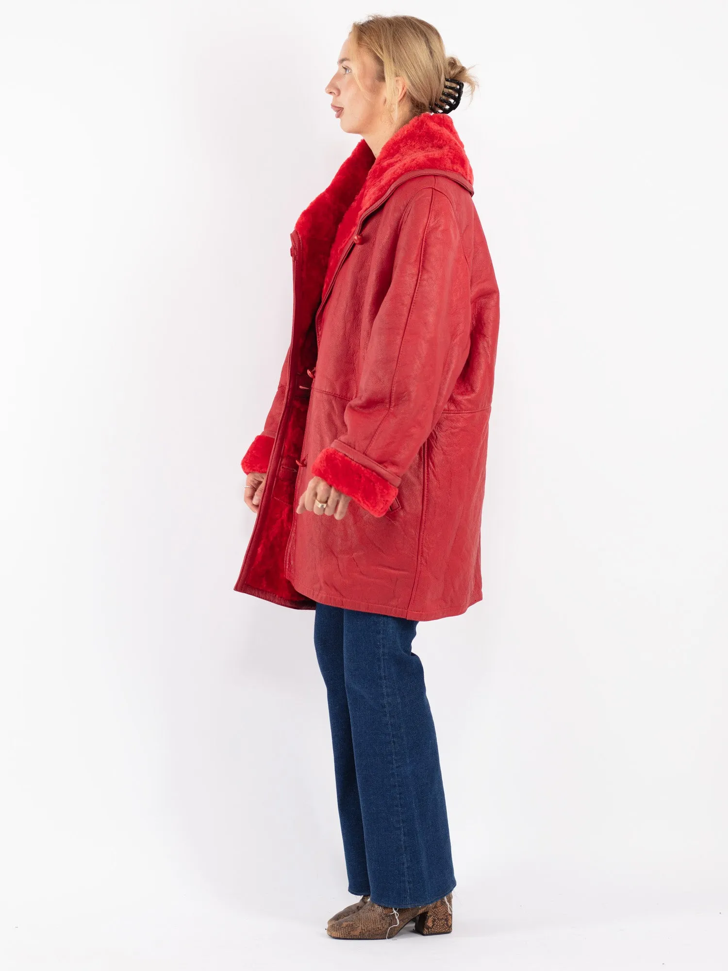 Vintage 80's Women Oversized Sheepskin Coat in Red