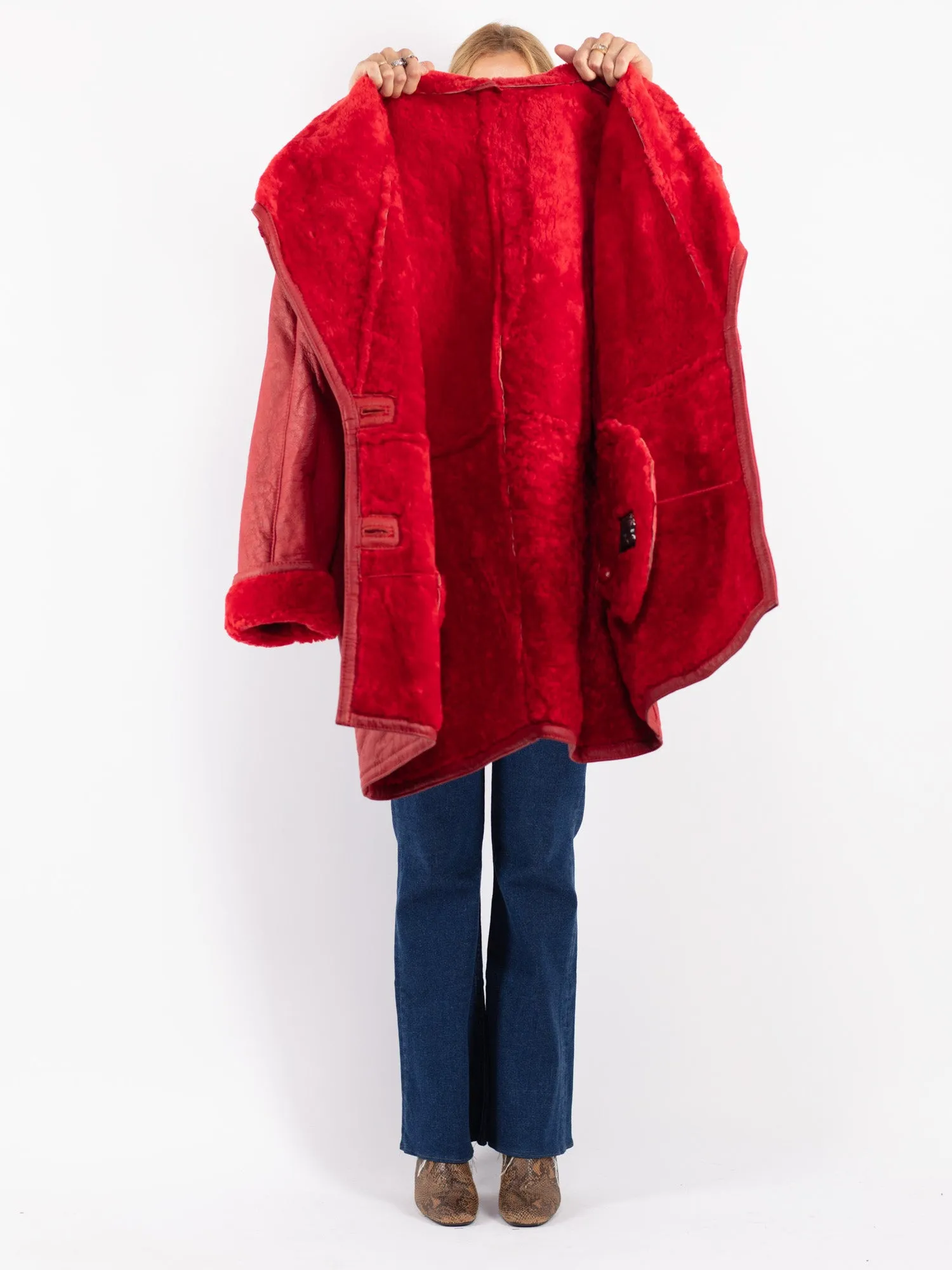 Vintage 80's Women Oversized Sheepskin Coat in Red