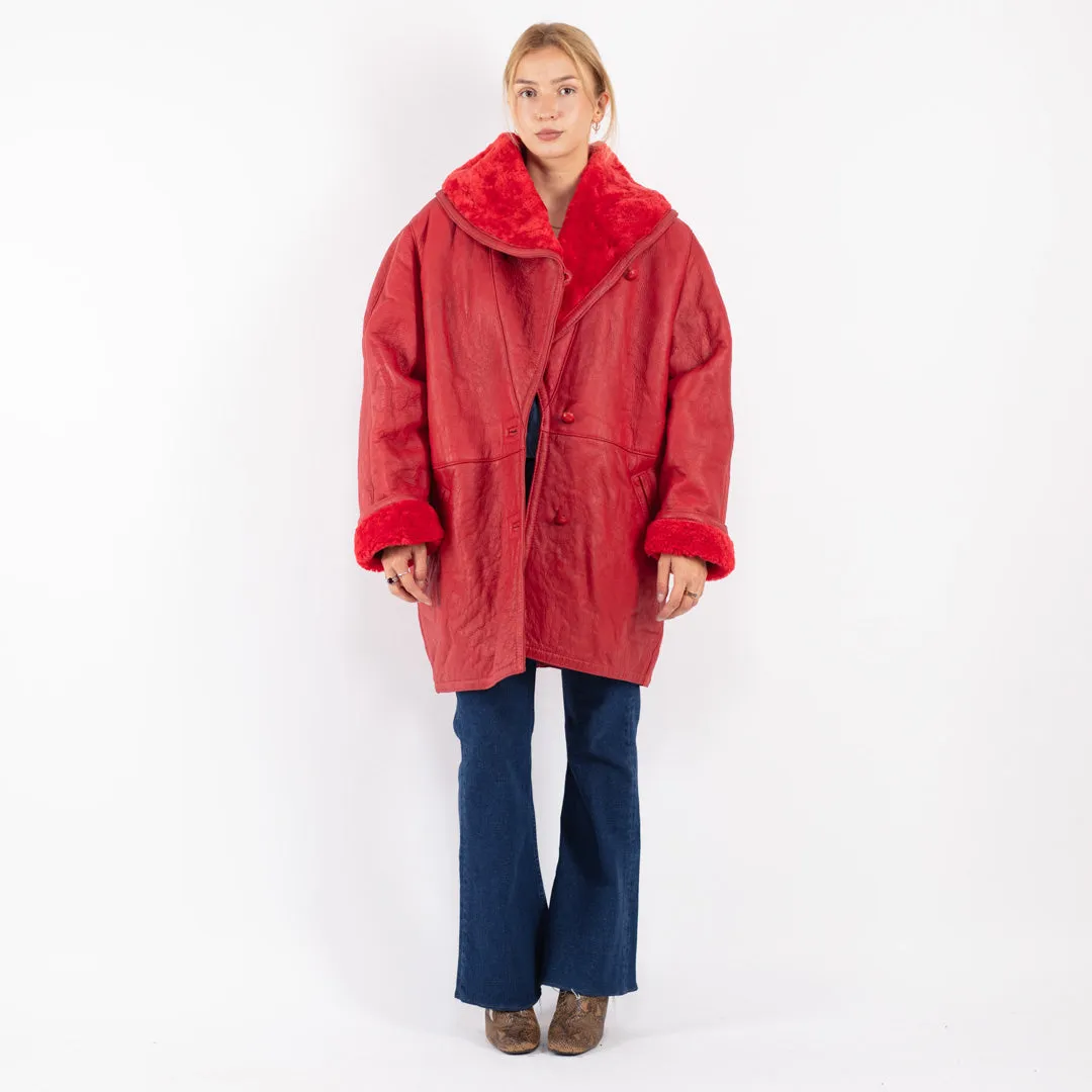 Vintage 80's Women Oversized Sheepskin Coat in Red