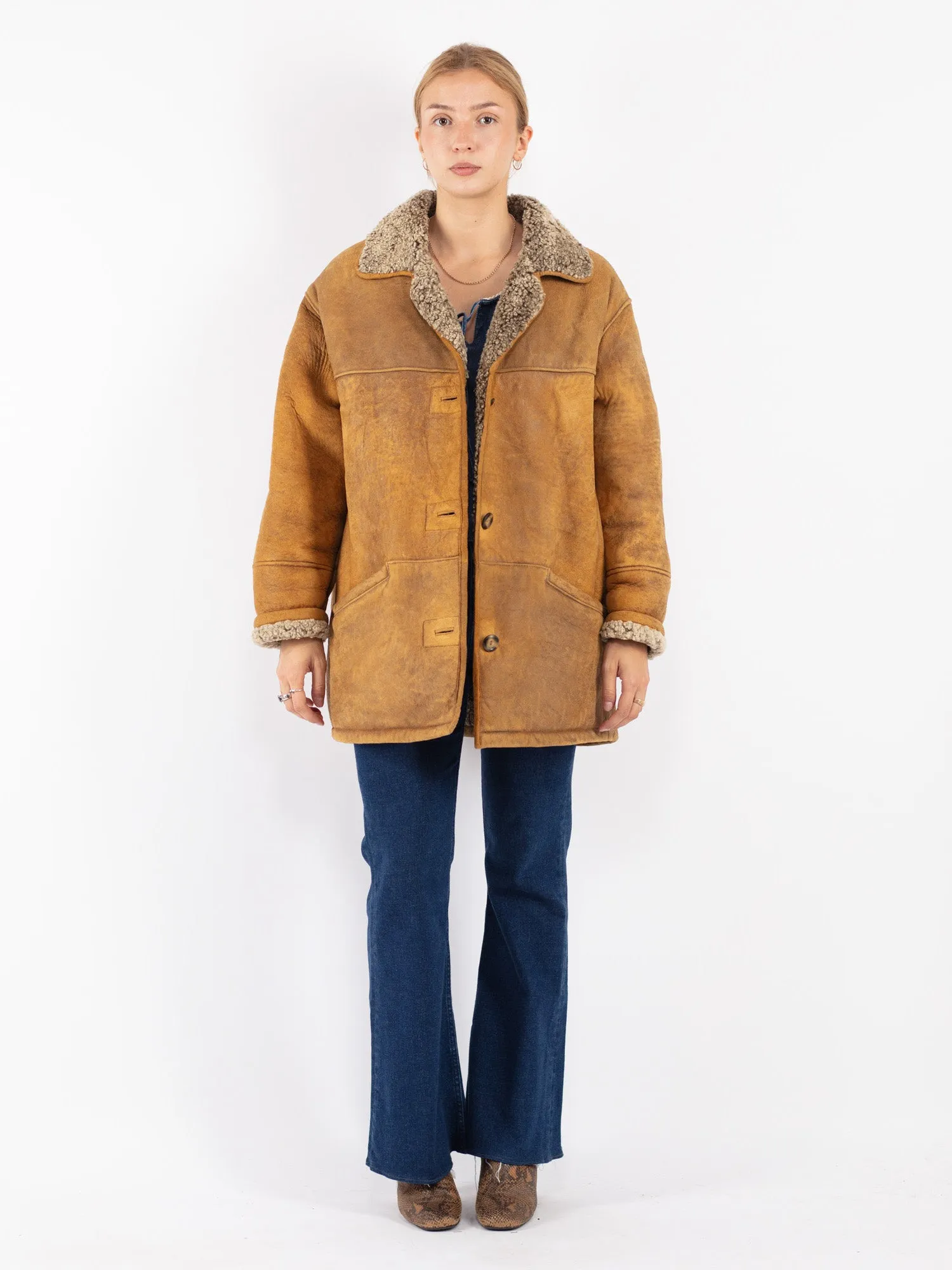 Vintage 80's Women Sheepskin Shearling Coat in Brown