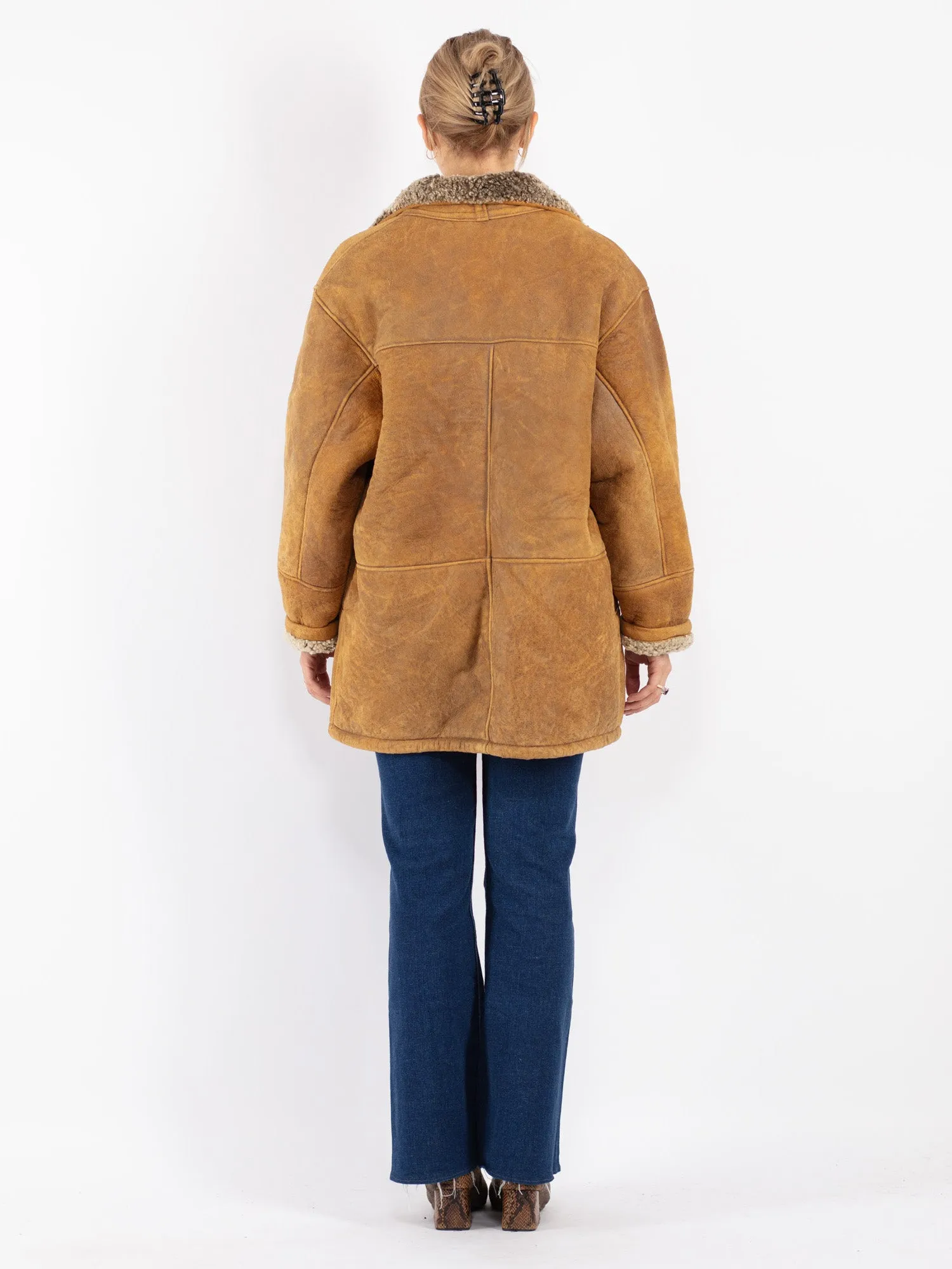 Vintage 80's Women Sheepskin Shearling Coat in Brown