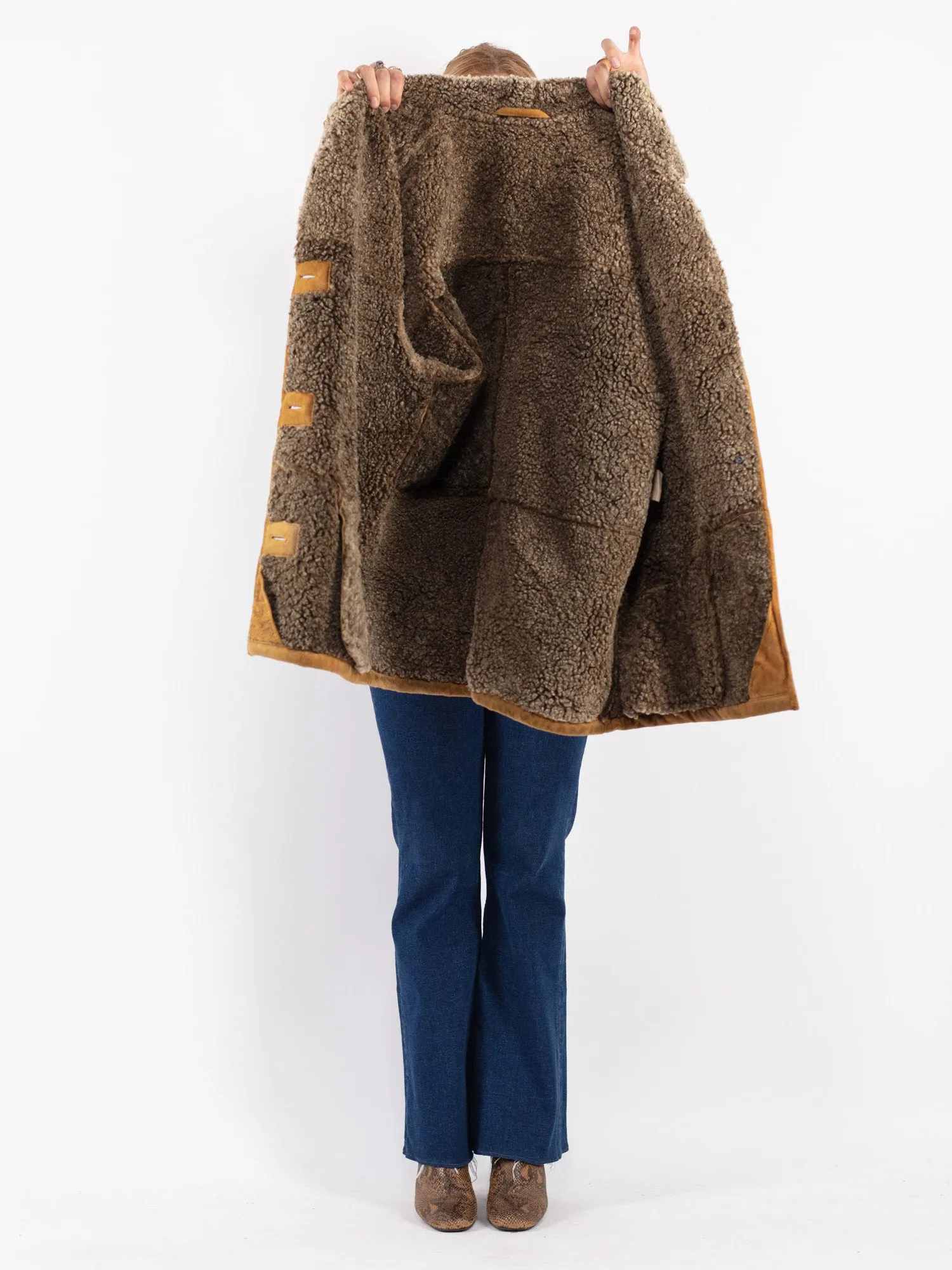 Vintage 80's Women Sheepskin Shearling Coat in Brown