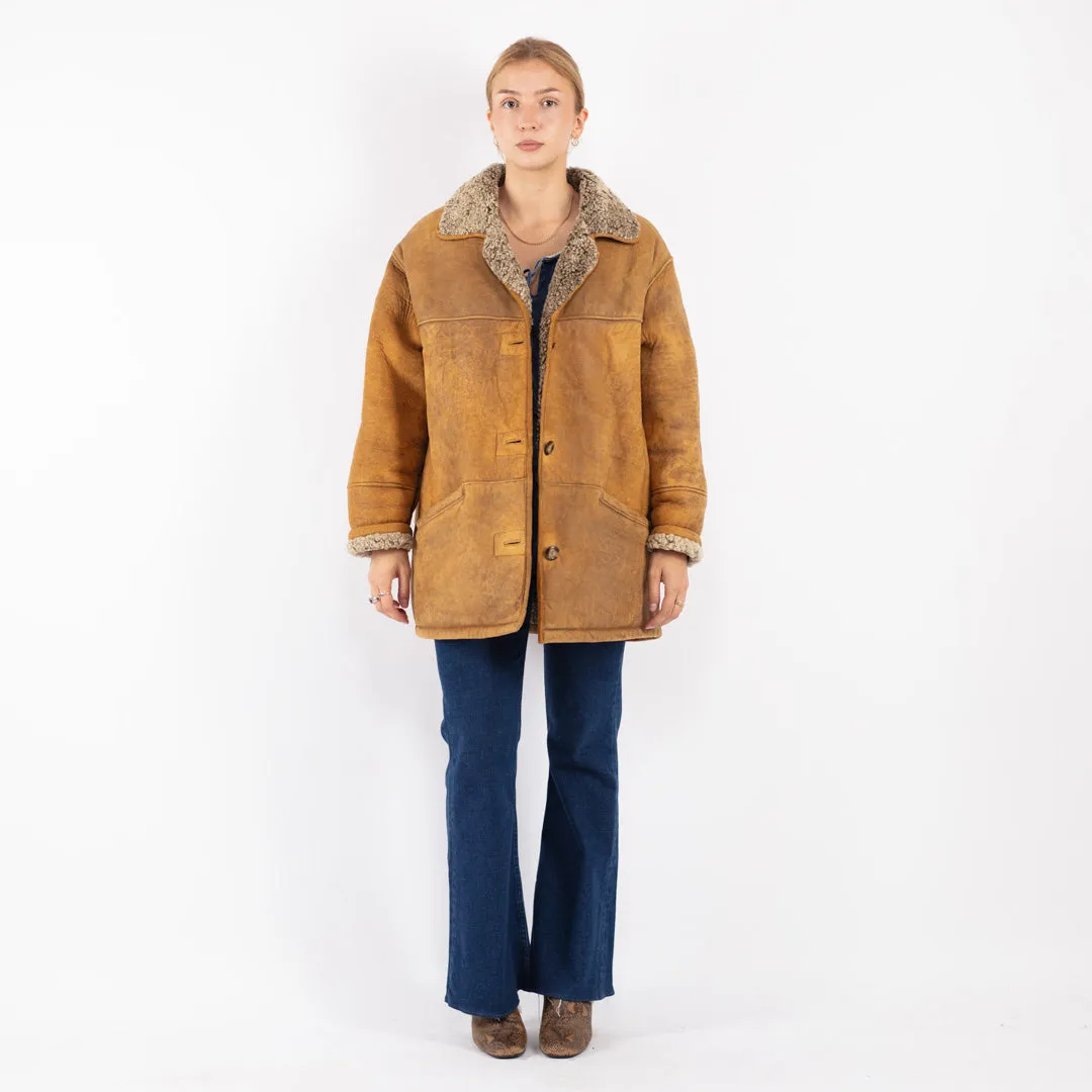 Vintage 80's Women Sheepskin Shearling Coat in Brown