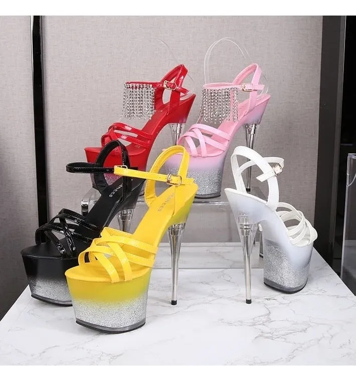 Waterproof Solid Patent Leather Women's Sandals Thin Heel Bling Platforms