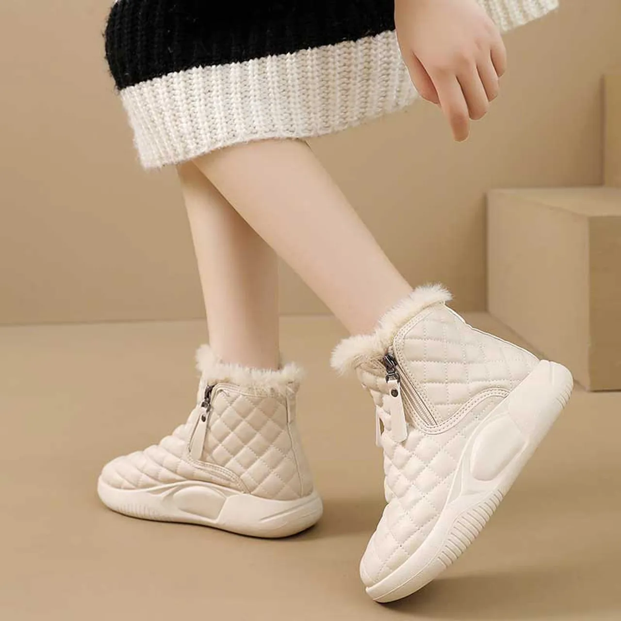 White beige check pattern side zip slip on winter shoe boot