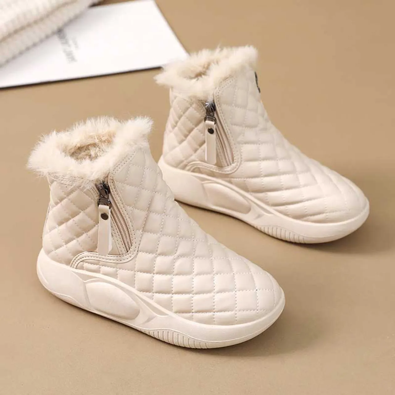 White beige check pattern side zip slip on winter shoe boot