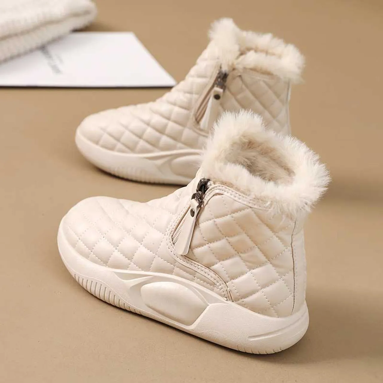 White beige check pattern side zip slip on winter shoe boot