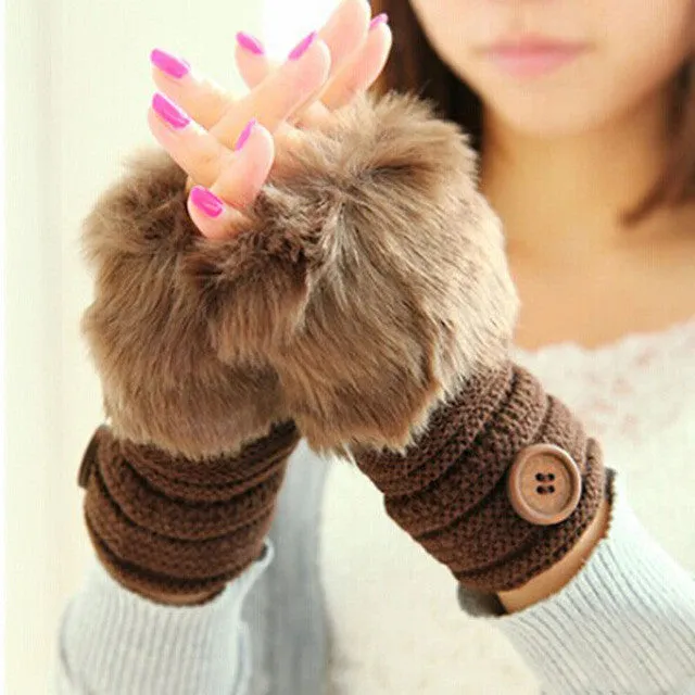 Winter Gloves Women Warm Faux Fur Fingerless Knitted Gloves Women Warm Waist Gloves Mitaine Hiver Fille#A11 SM6