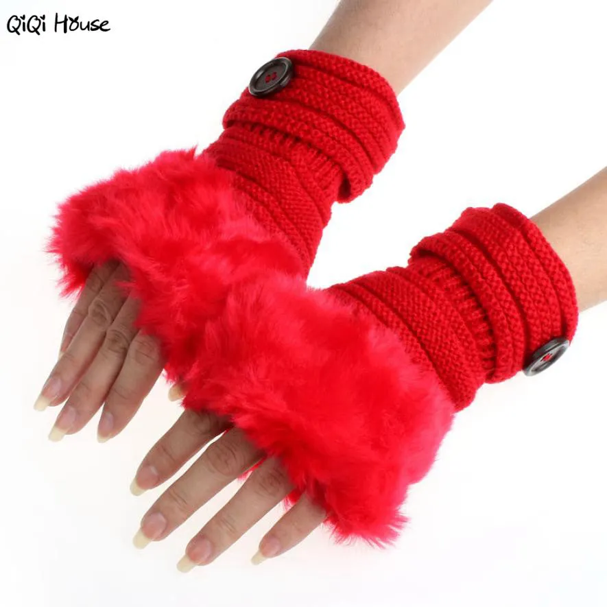 Winter Gloves Women Warm Faux Fur Fingerless Knitted Gloves Women Warm Waist Gloves Mitaine Hiver Fille#A11 SM6