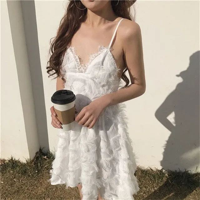 Woherb New  Fashion Beach Dress Vestidos Sexy V-neck Spaghetti Strap Sleeveless Dress Slim Tassel Women Dresses Retro 72738 SM6