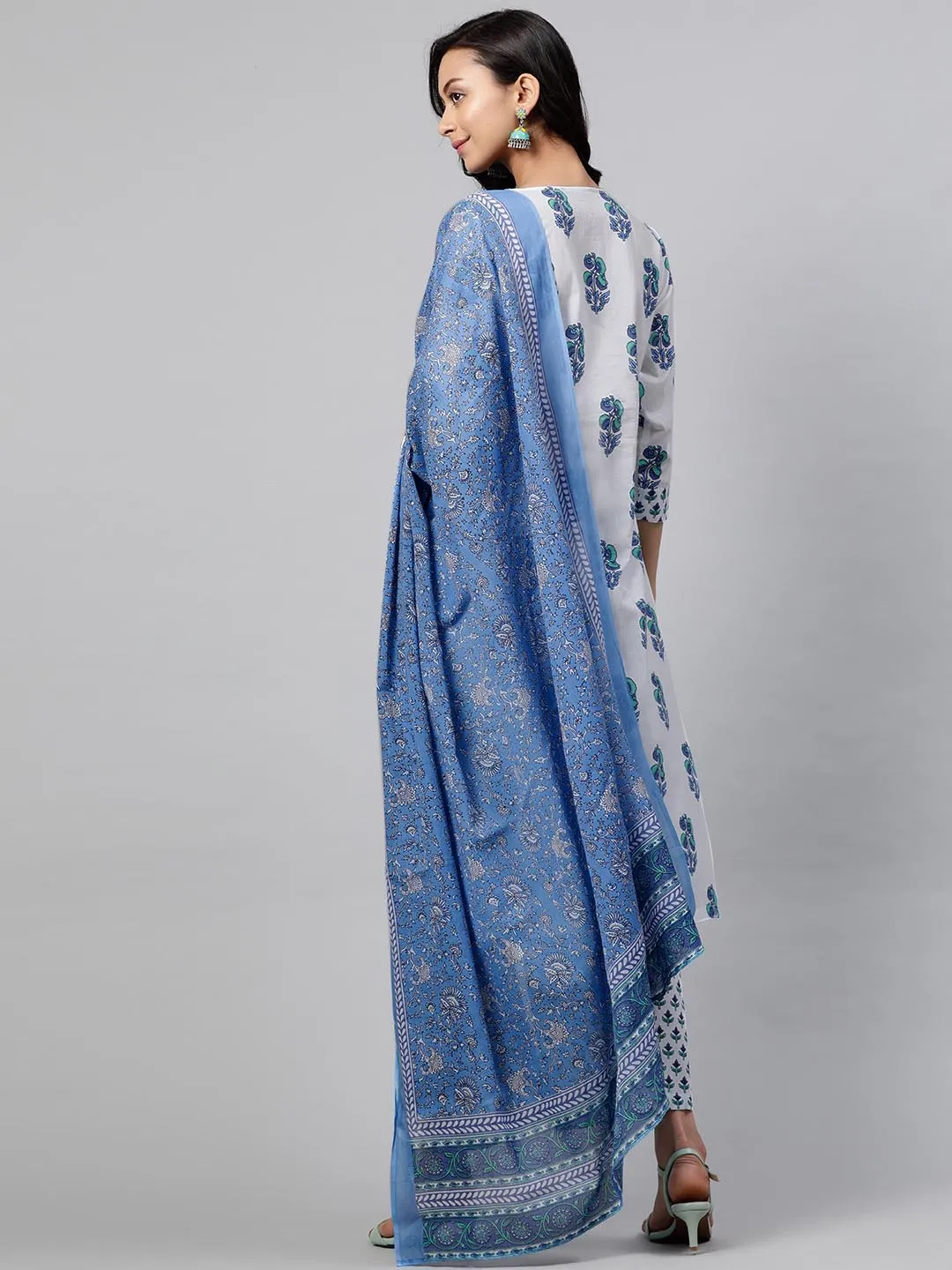 Women Blue White Printed Kurta with Trousers Dupatta