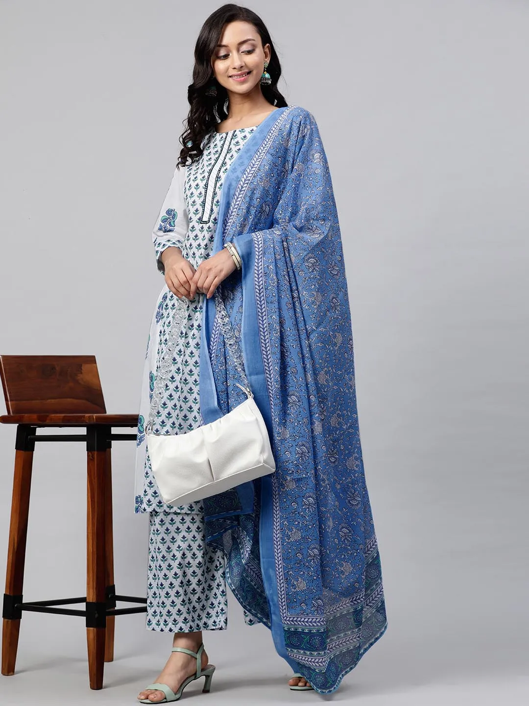 Women Blue White Printed Kurta with Trousers Dupatta