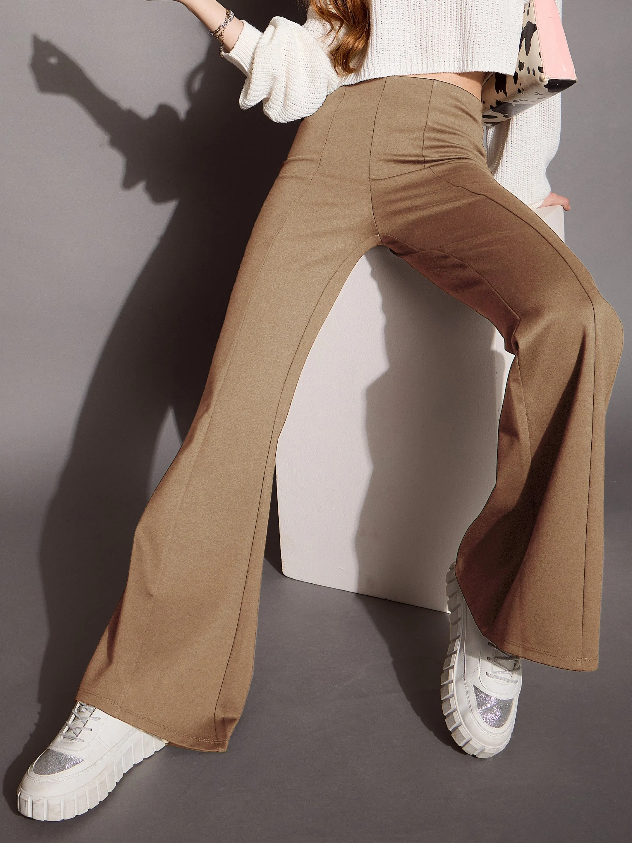 Women Brown Bootcut Flared High-Rise Trousers