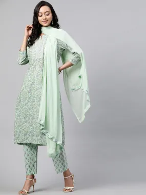 Women Green Printed Kurta with Trousers Dupatta