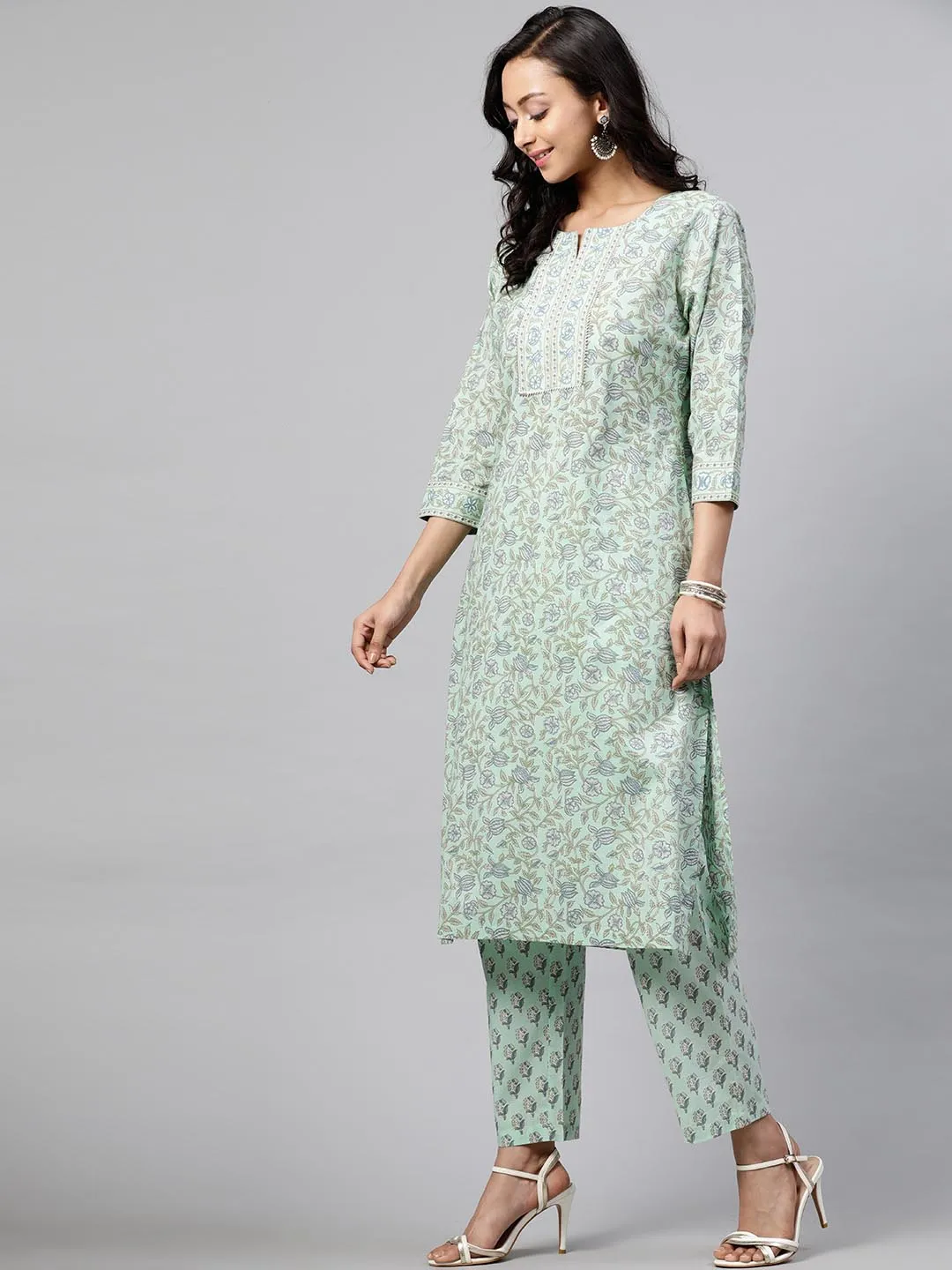 Women Green Printed Kurta with Trousers Dupatta