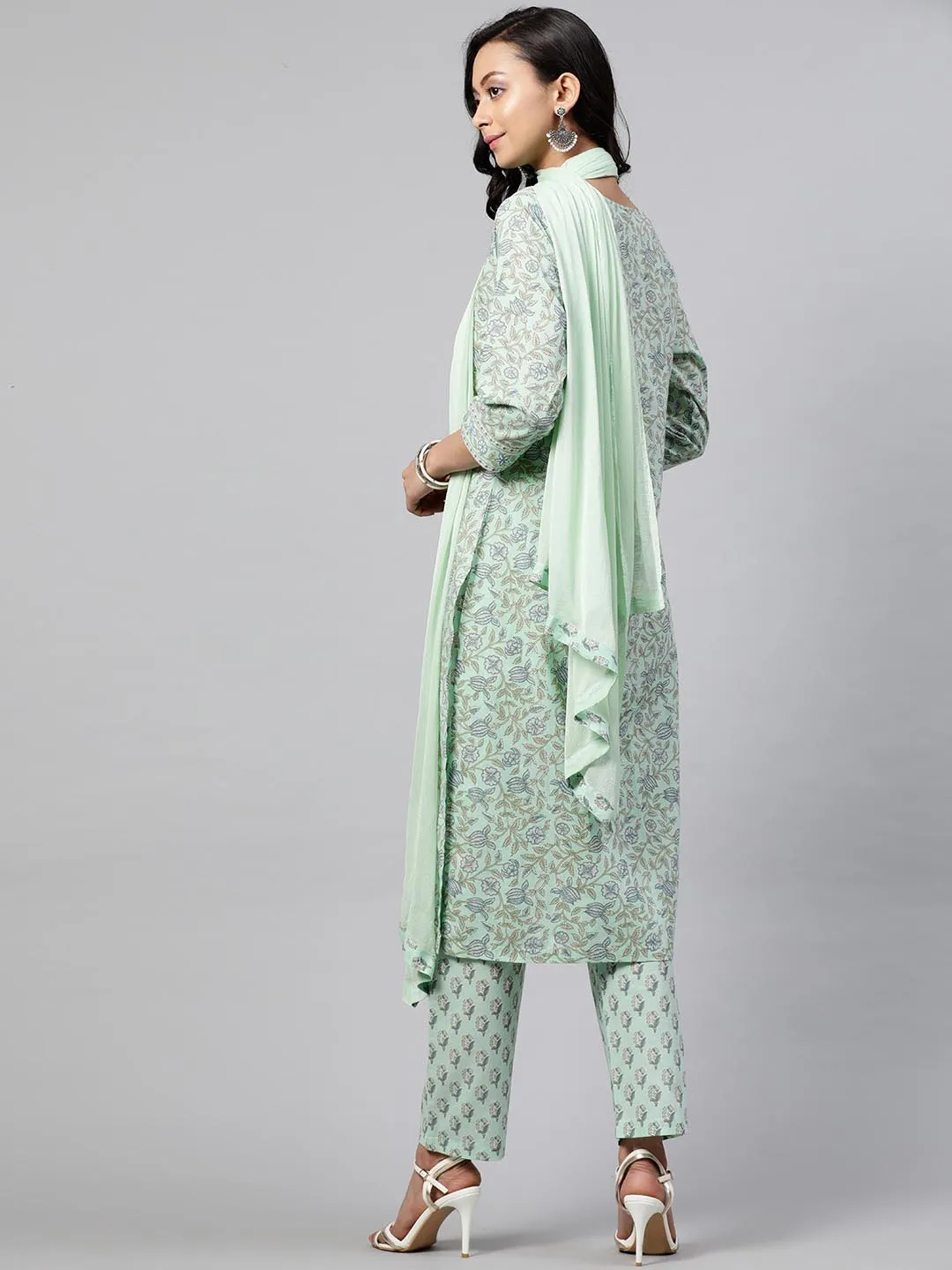 Women Green Printed Kurta with Trousers Dupatta