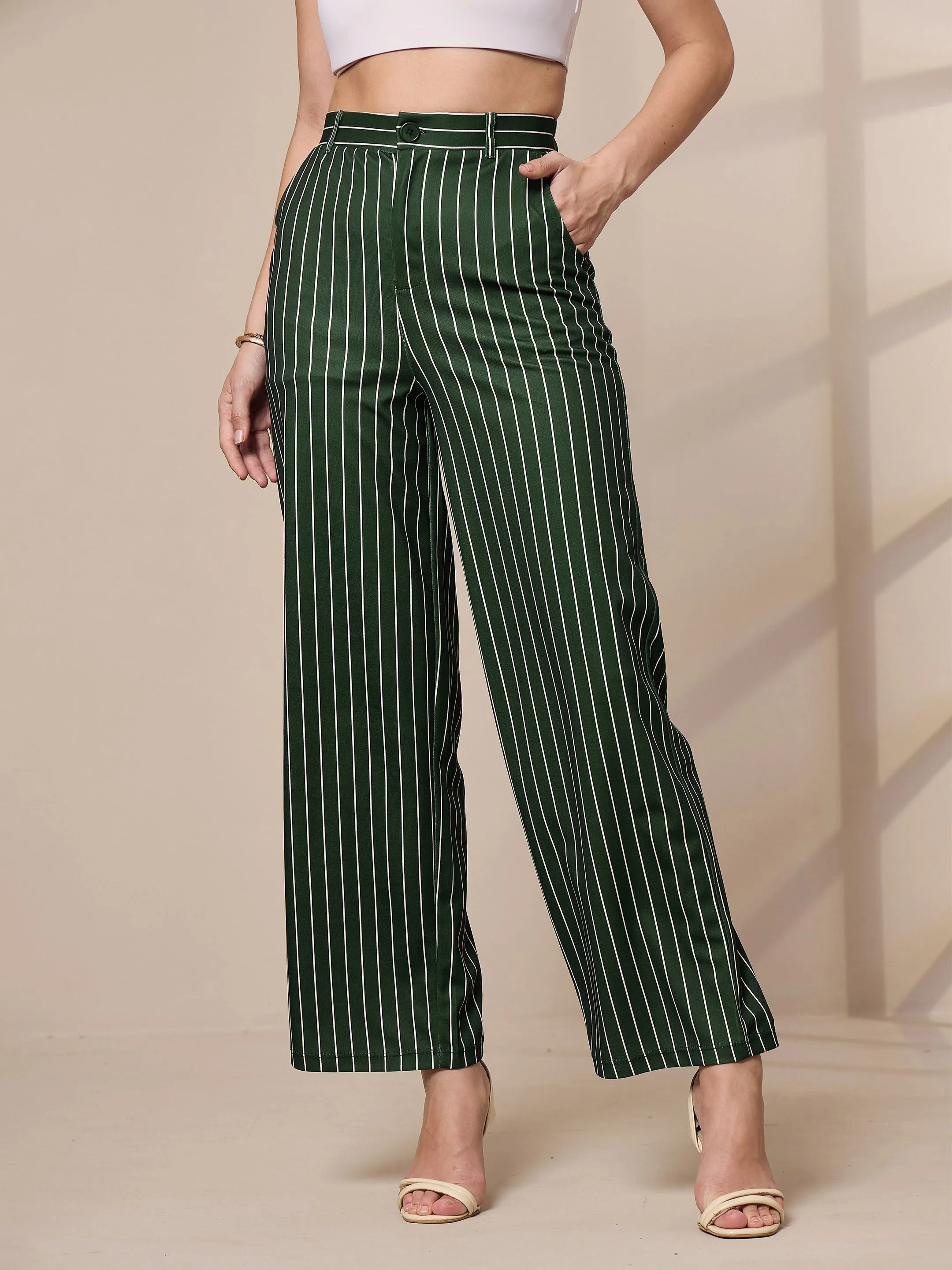 Women Green Striped Straight Wide Leg Trousers