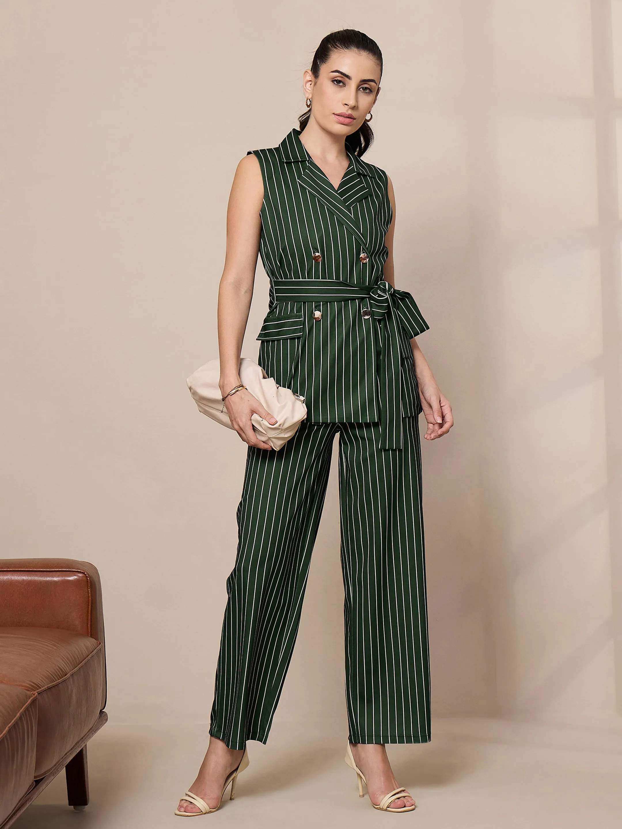 Women Green Striped Straight Wide Leg Trousers