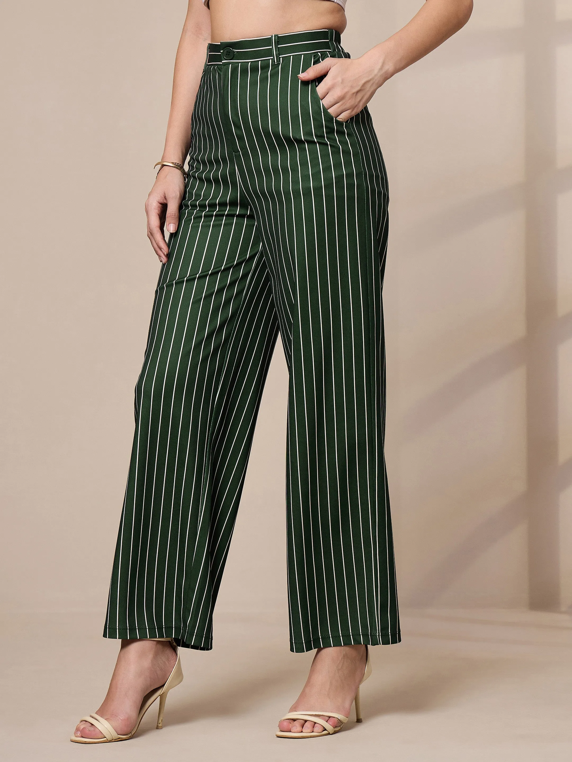 Women Green Striped Straight Wide Leg Trousers