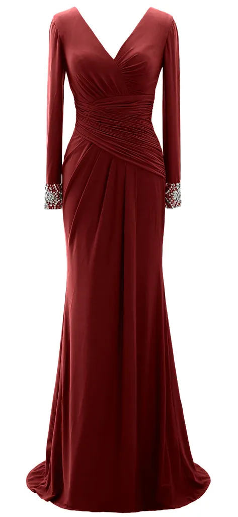 Women Long Mother of Bride Dresses Long Sleeve V Neck Evening Dress Y785