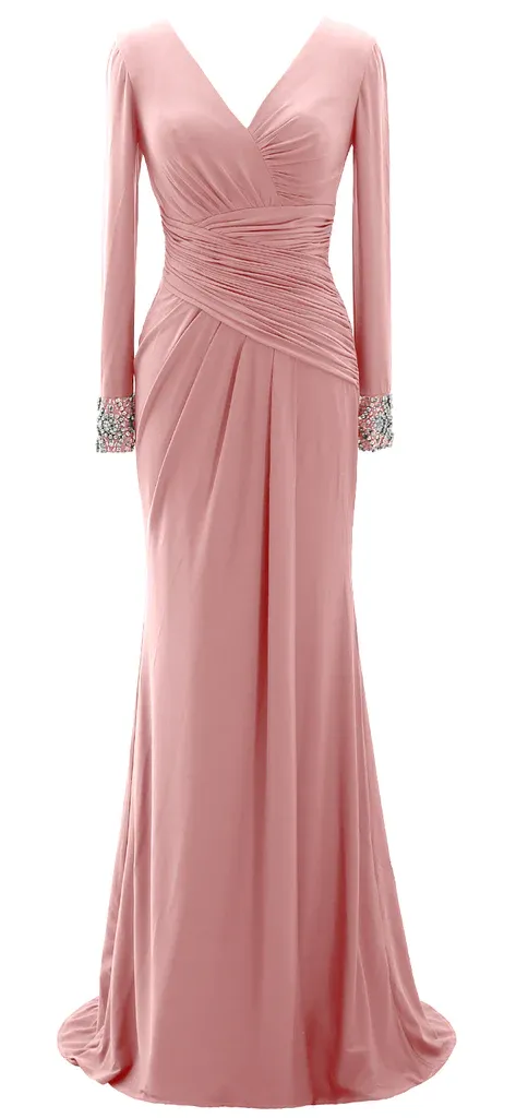 Women Long Mother of Bride Dresses Long Sleeve V Neck Evening Dress Y785