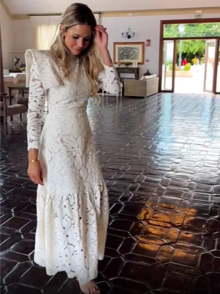 Women White Lace Out Maxi Dress A-line High Collar Long Sleeve 2024