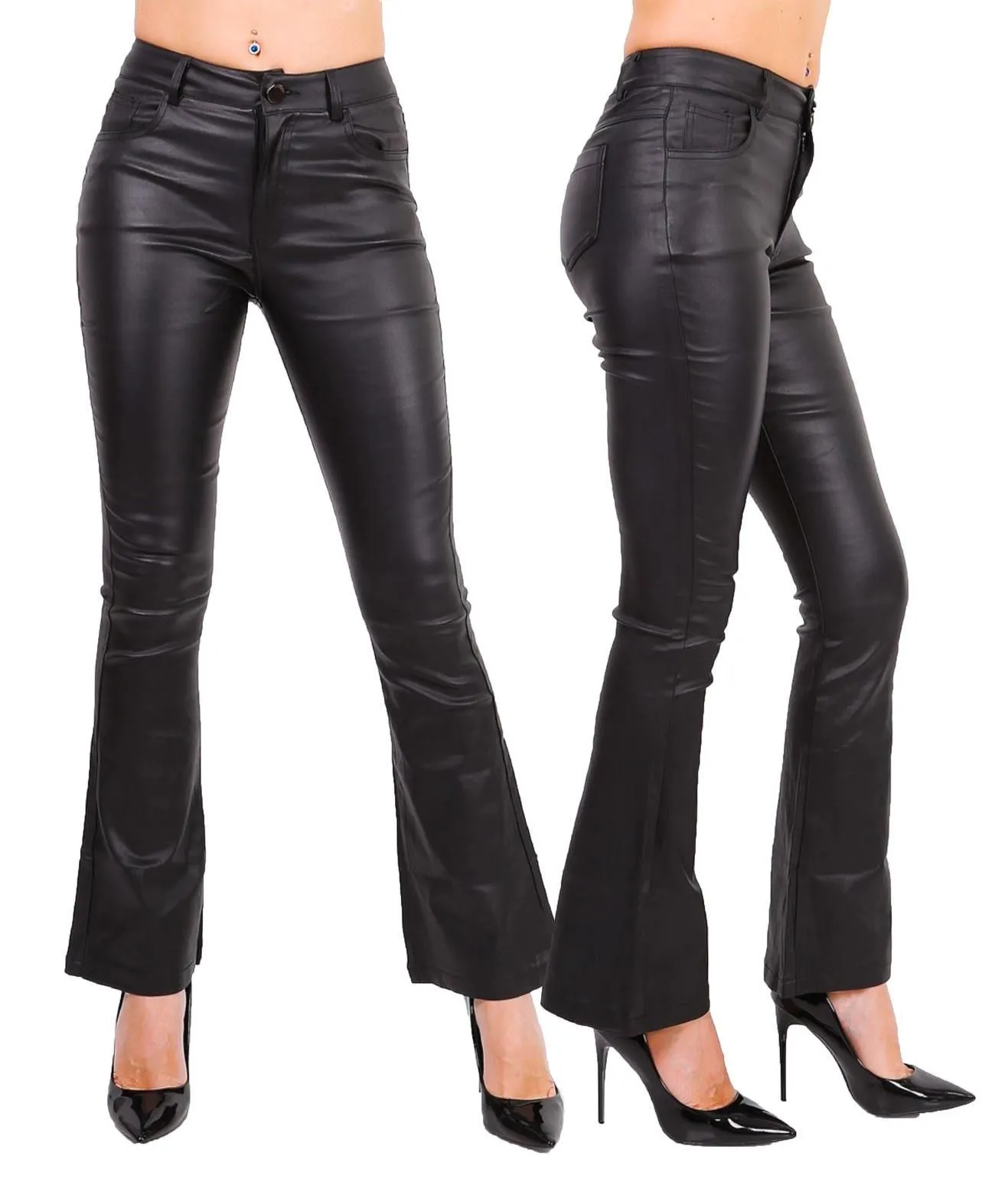 Womens Black High Waist Wet look Bootcut Jeans, UK Sizes 6 - 14