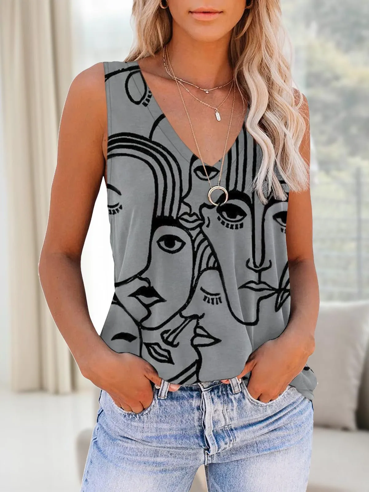 Women's Tank Tops Printed V-Neck Sleeveless Casual Tank Top