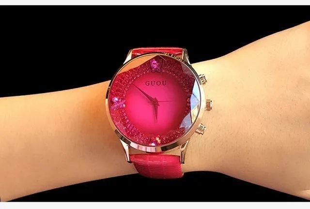 Women's Waterproof Rhinestone Quartz Lady Watch in Genuine Leather