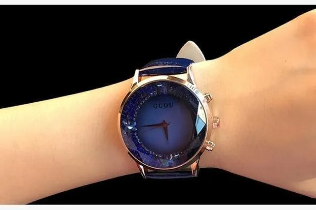 Women's Waterproof Rhinestone Quartz Lady Watch in Genuine Leather