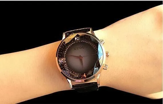 Women's Waterproof Rhinestone Quartz Lady Watch in Genuine Leather