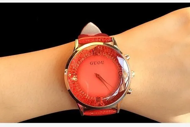 Women's Waterproof Rhinestone Quartz Lady Watch in Genuine Leather