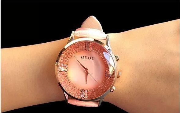 Women's Waterproof Rhinestone Quartz Lady Watch in Genuine Leather