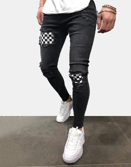 xChequered Distressed Skinny Jeans