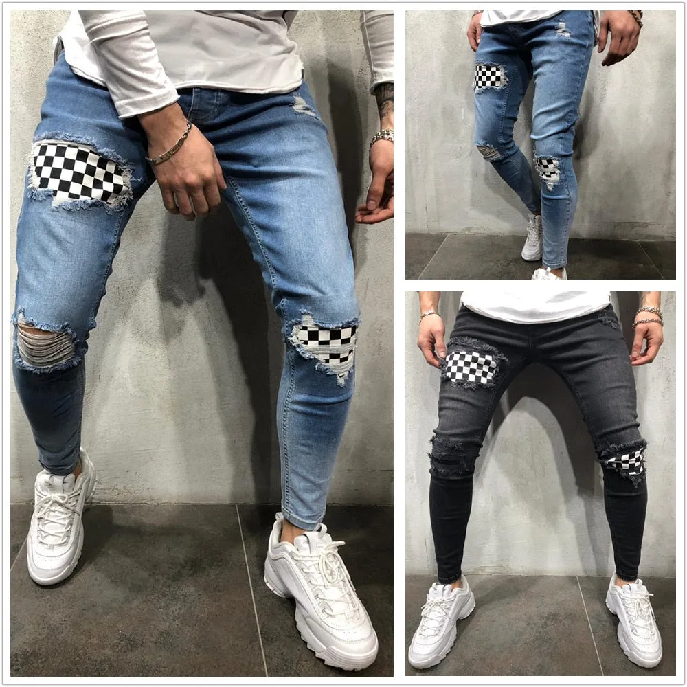 xChequered Distressed Skinny Jeans