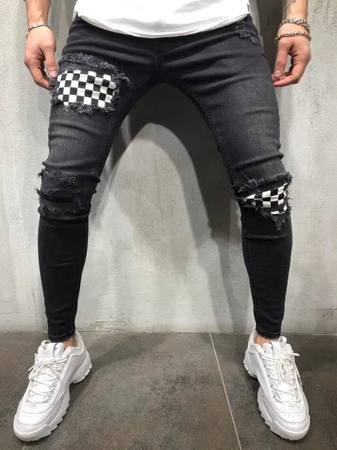 xChequered Distressed Skinny Jeans