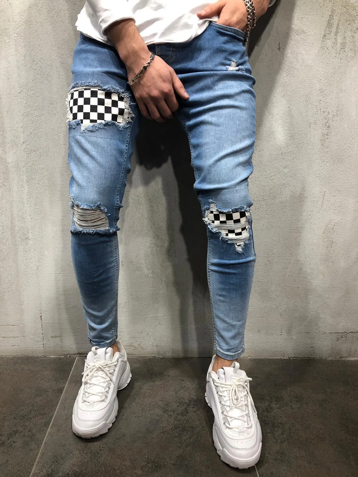 xChequered Distressed Skinny Jeans