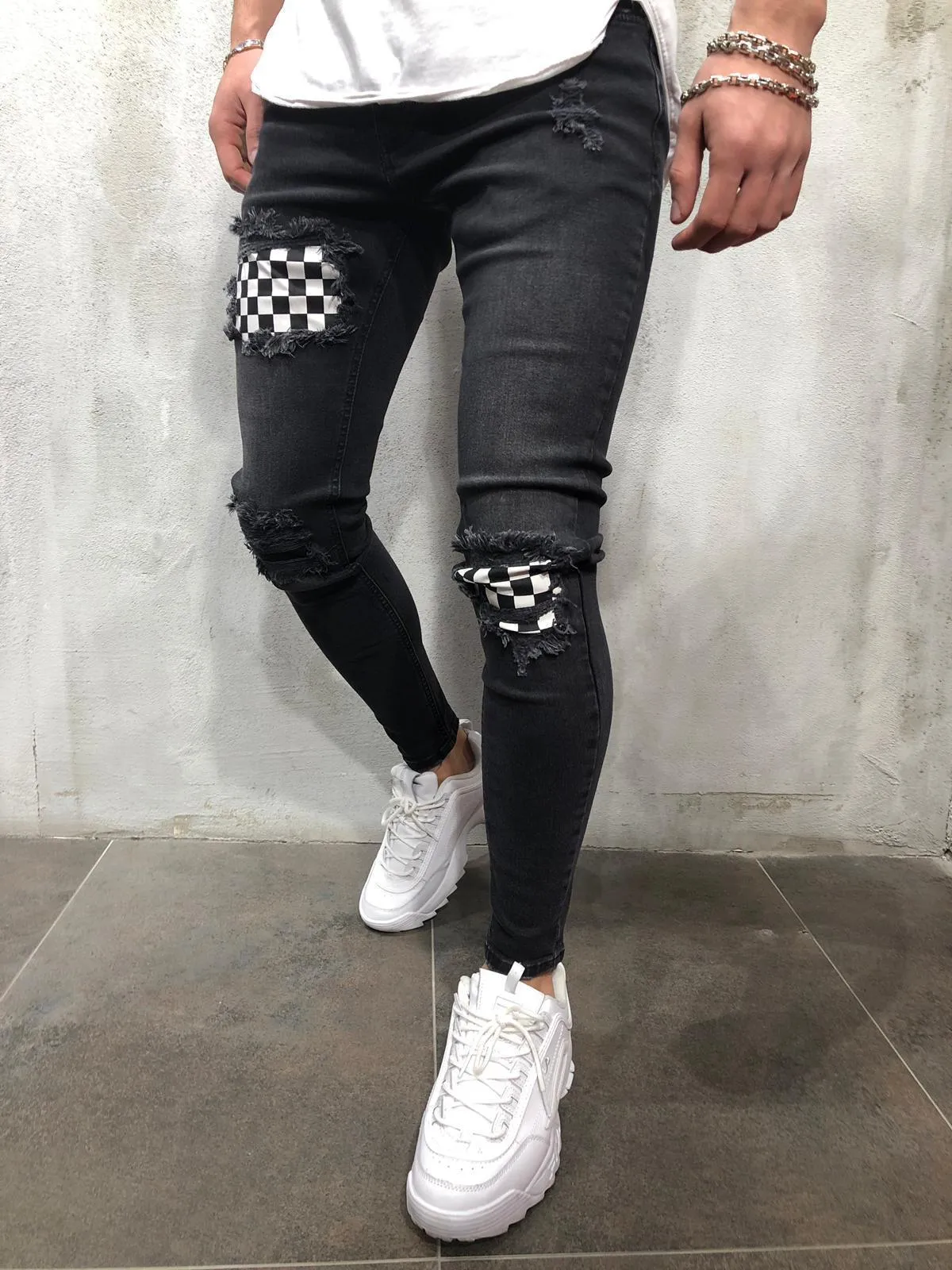 xChequered Distressed Skinny Jeans