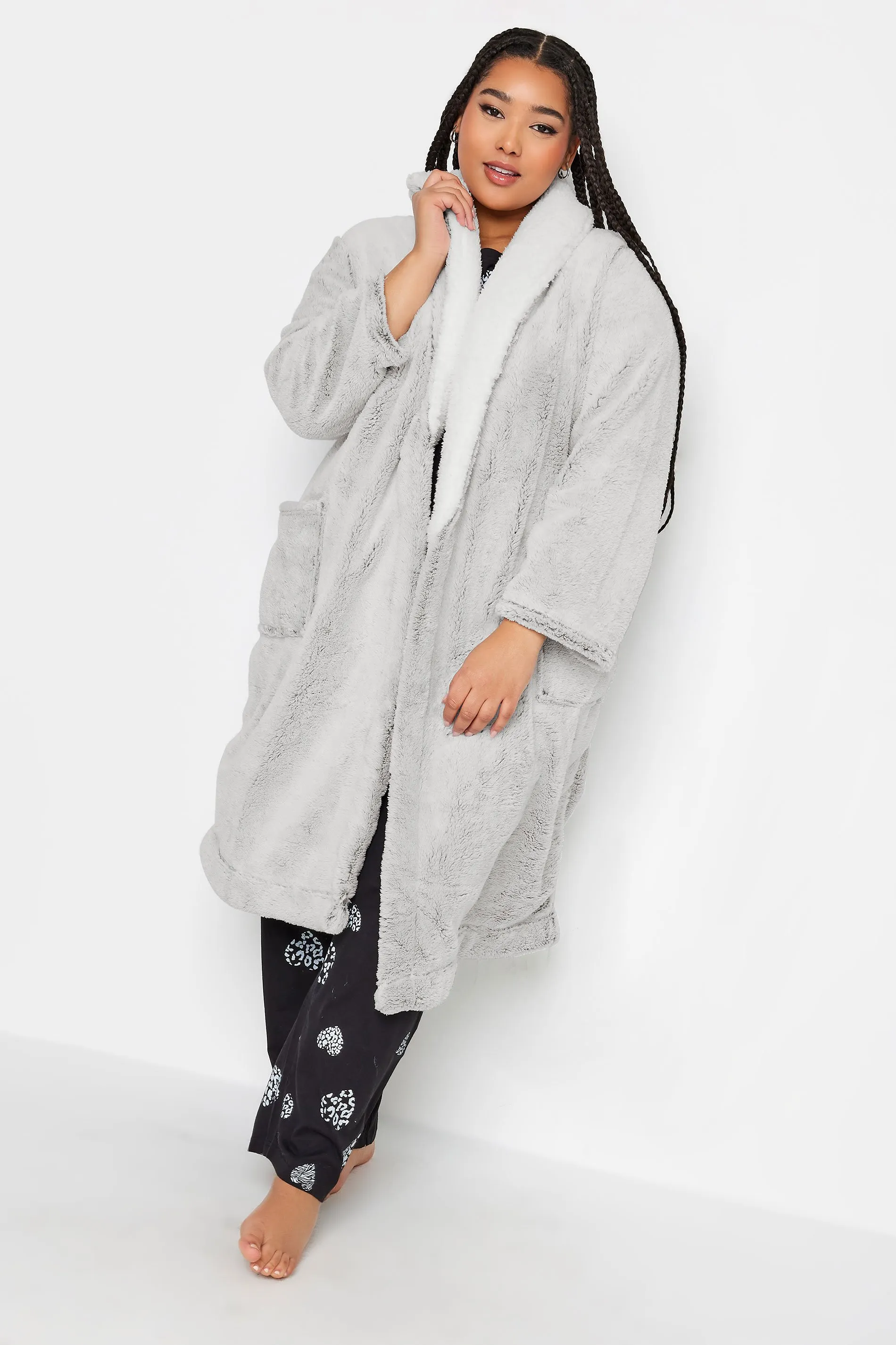 YOURS Curve Light Grey Soft Touch Fleece Dressing Gown