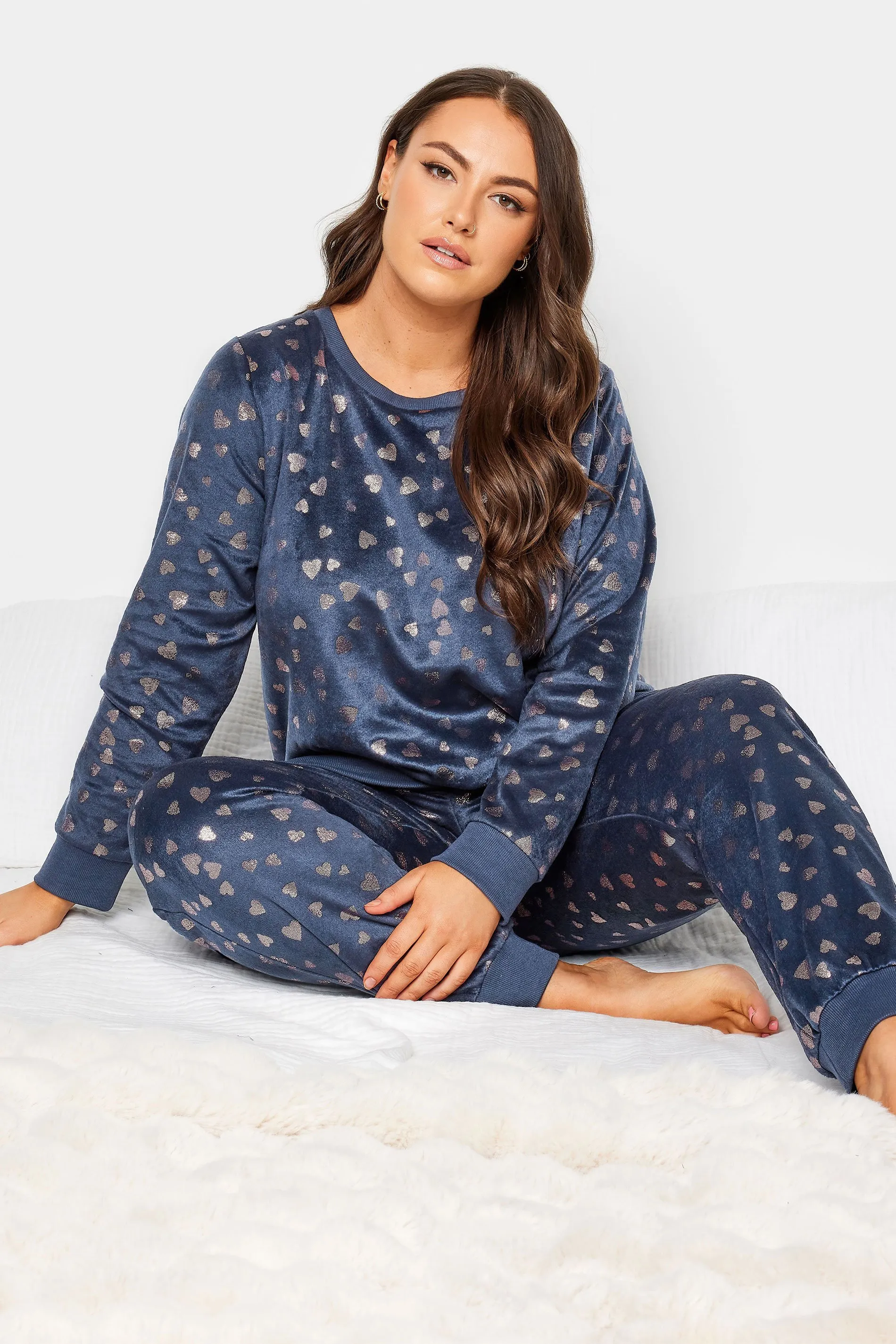 YOURS Curve Navy Blue Foil Heart Print Fleece Lounge Set