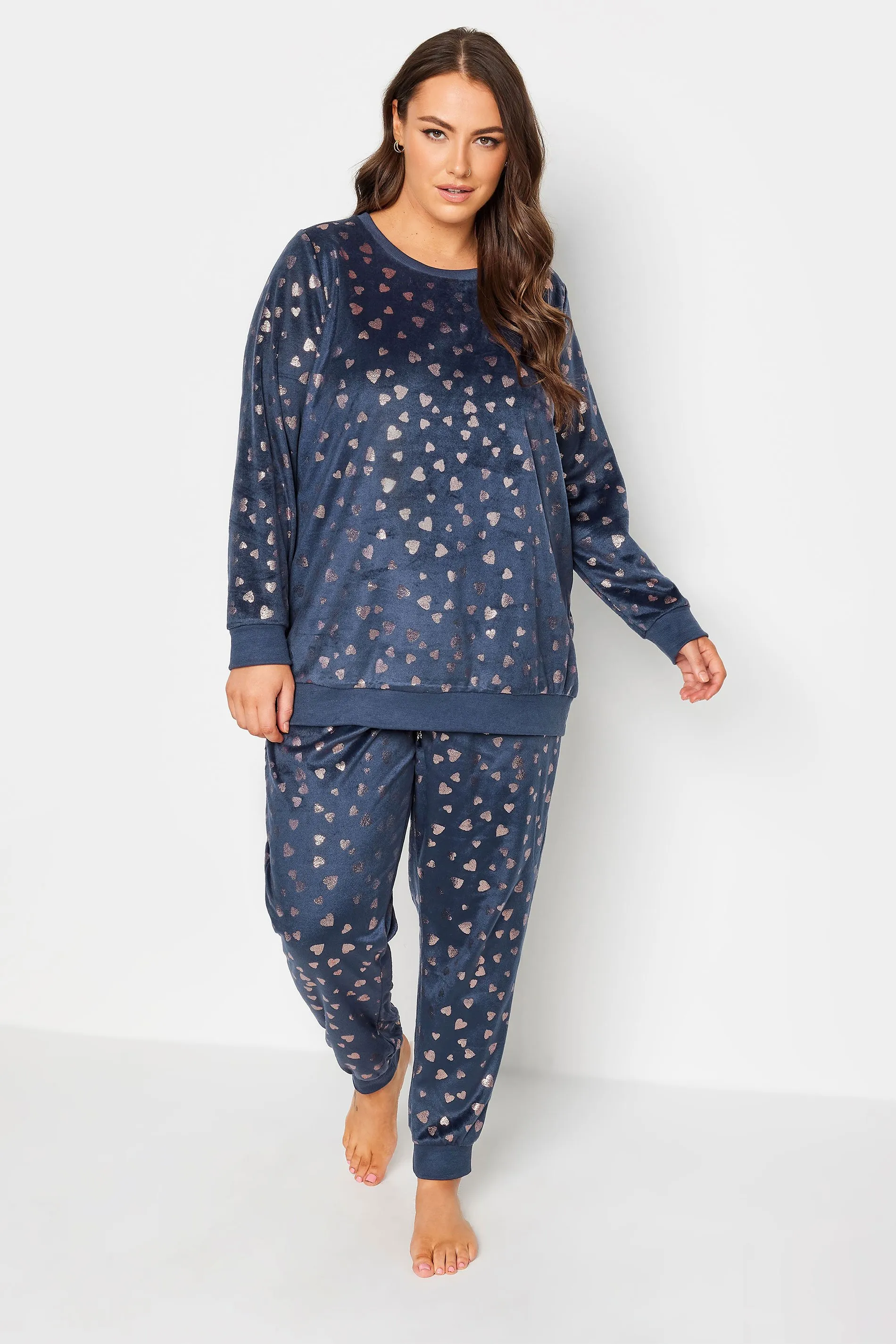 YOURS Curve Navy Blue Foil Heart Print Fleece Lounge Set