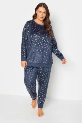 YOURS Curve Navy Blue Foil Heart Print Fleece Lounge Set